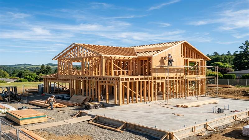 Timber-framed house under construction