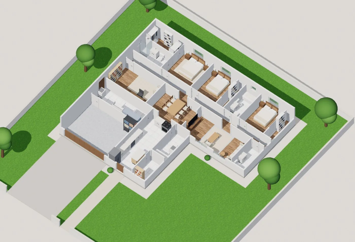 A furnished 3D cutaway of a three-bedroom house designed in Floorra, with garage, kitchen, living room and bedrooms
