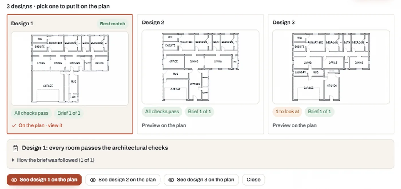 Floorra, a Planner 5D alternative, showing three AI-generated house layouts with their room checks