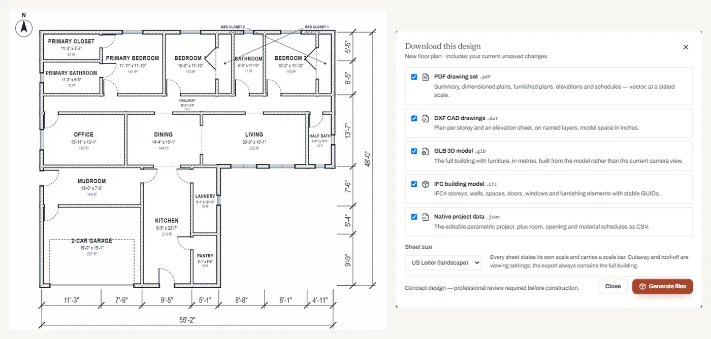 A dimensioned house blueprint made in Floorra beside the download options: PDF drawing set, DXF CAD drawings, GLB, IFC and project data