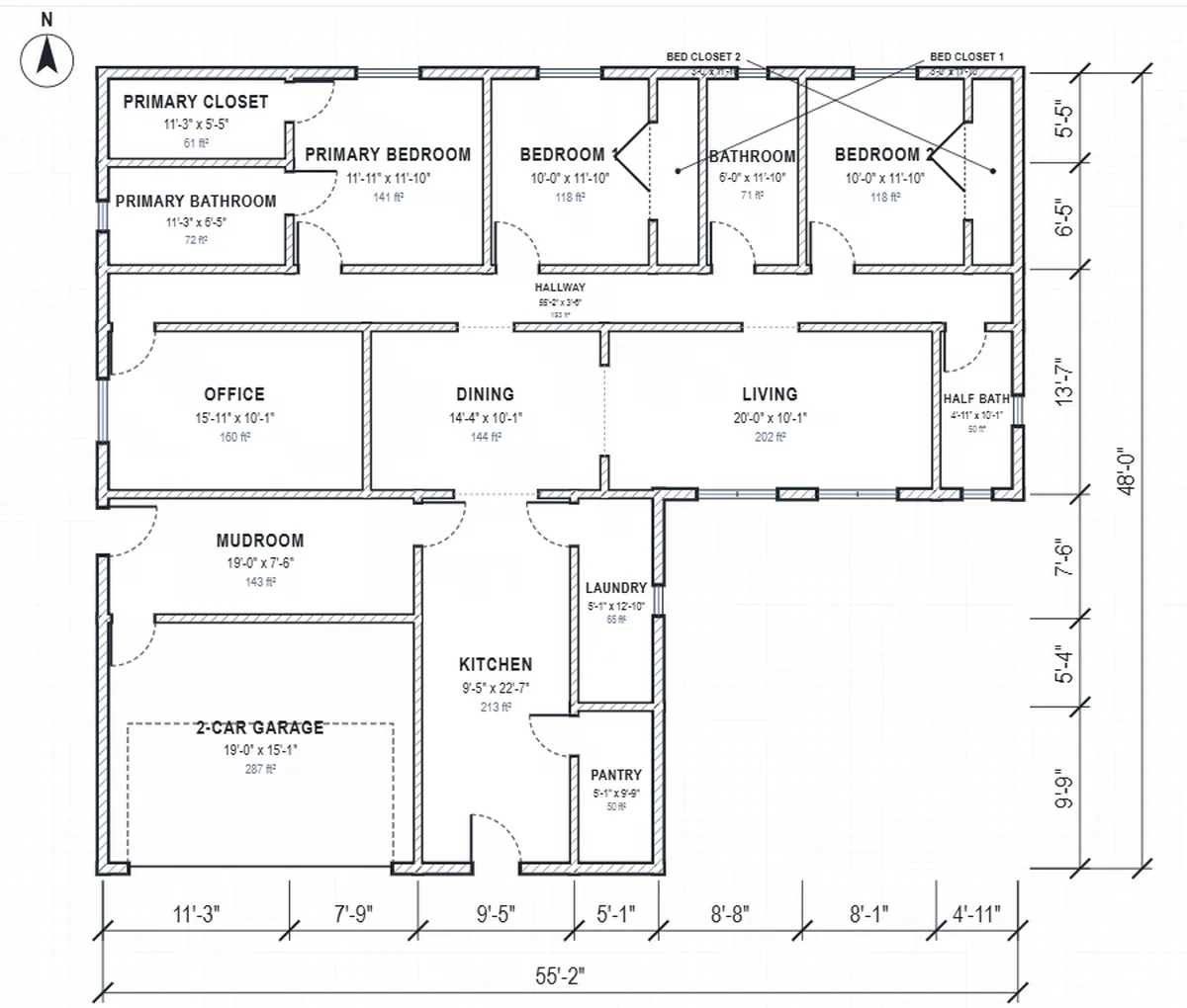 A three-bedroom floor plan made in Floorra with room names, sizes, door swings and dimension lines