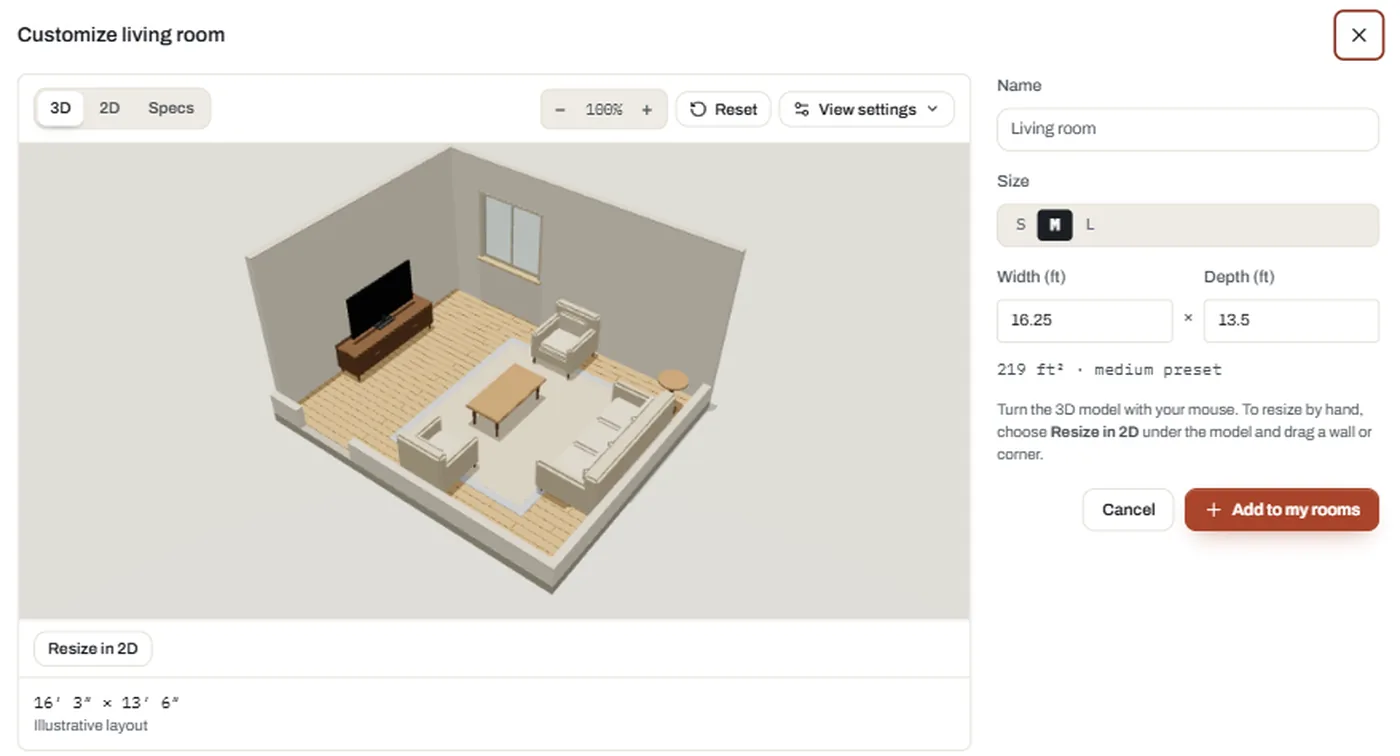 Floorra's 3D room designer customizing a furnished living room: 3D model, name, size preset, width and depth