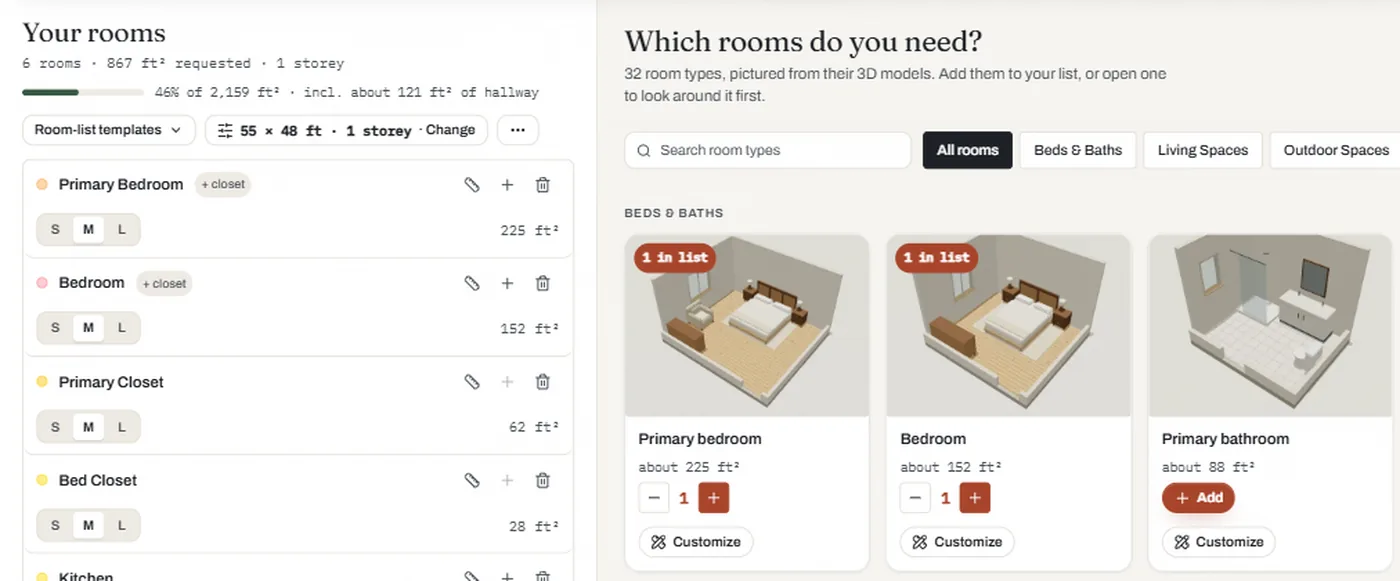 Floorra's online room planner: a room list with sizes on the left and a gallery of furnished 3D rooms on the right