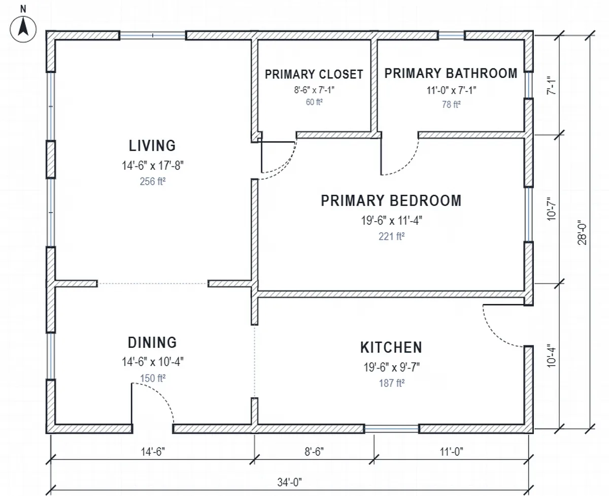 A 34 by 28 foot small house plan with open living and dining, kitchen, primary bedroom, walk-in closet and bathroom