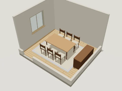 3D model render of an illustrative medium dining room
