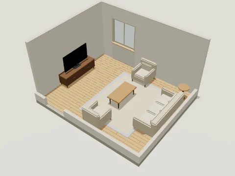 3D model render of an illustrative medium living room